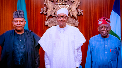 From Left: Vice President-elect, Kashim Shettima, President Muhammadu Buhari and the President-elect, Bola Ahmed Tinubu. [Channels TV]