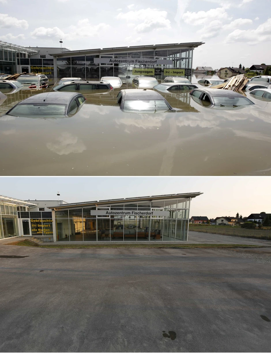Gornja fotografija: Poplavljeni salon automobila kod Fišerdorfa 7. juna. Donja slika: Isto mesto 22. juna