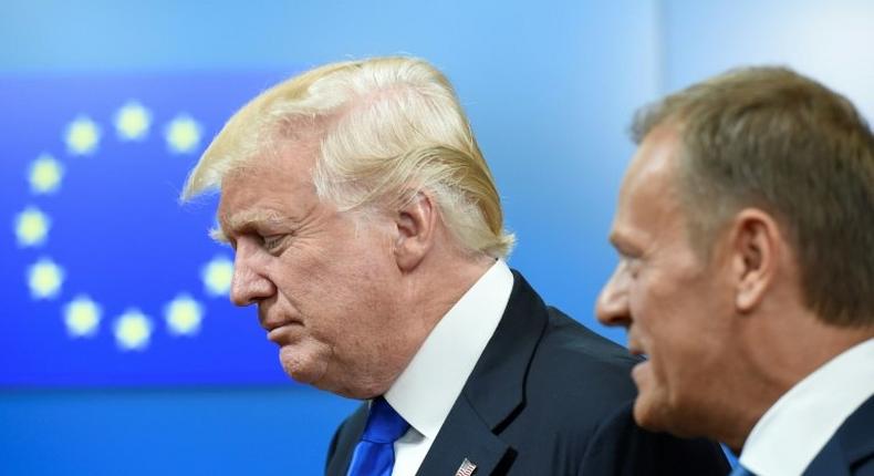 US President Donald Trump (left) and European Council President Donald Tusk pictured at EU headquarters in Brussels on May 25, 2017