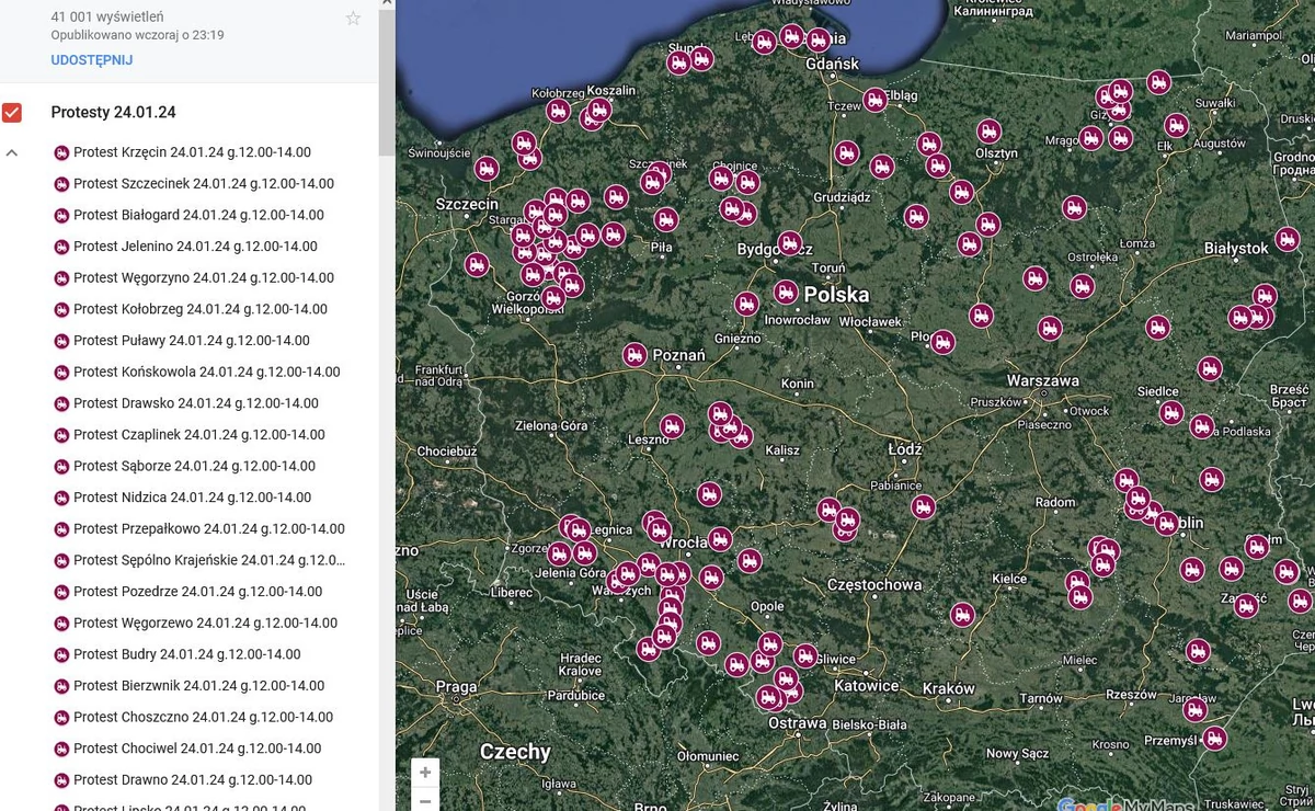  Paraliż dróg w całej Polsce. Protest rolników 24 stycznia, oto MAPA