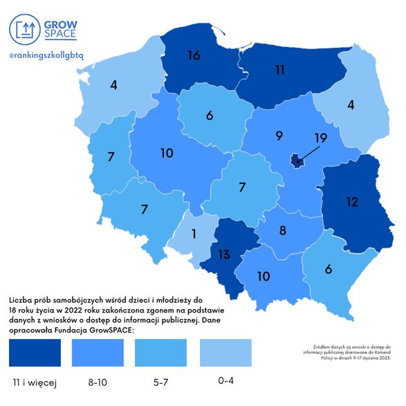 Liczba prób samobójczych wśród dzieci i młodzieży do 18 roku życia w 2022 roku zakończona zgonem na podstawie danych z wniosków o dostęp do informacji publicznej.