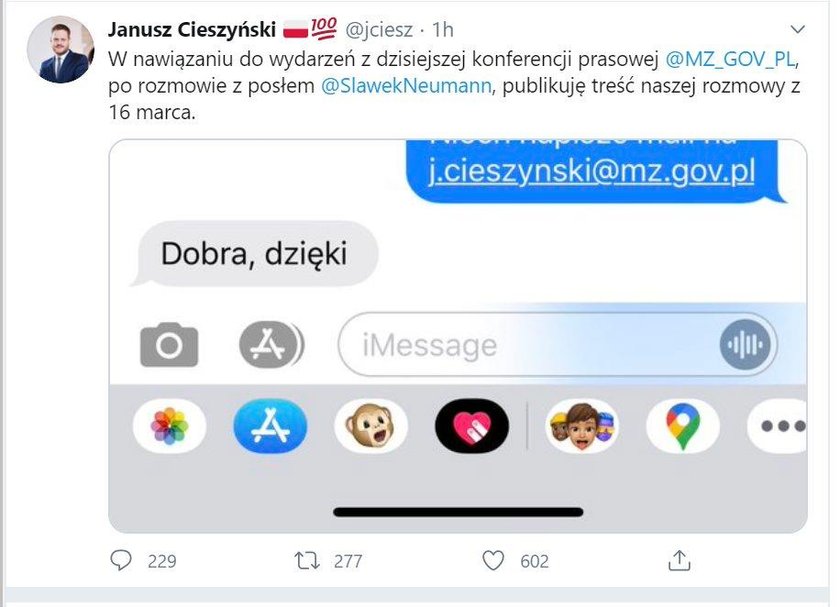 Wiceminister zdrowia ujawnił SMS-a od posła PO