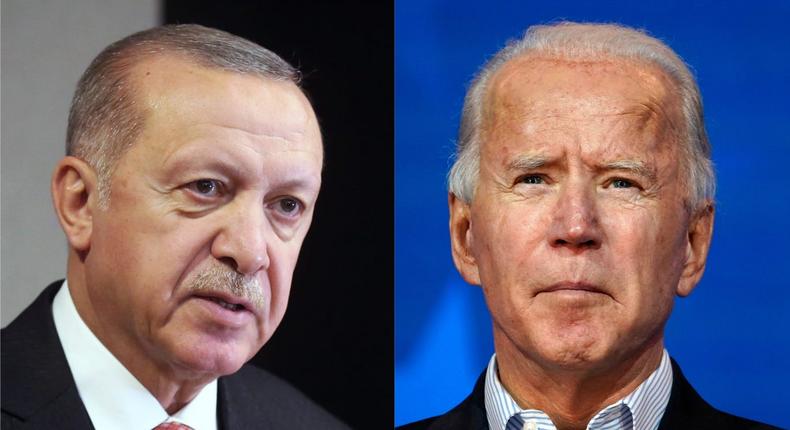 A composite image of Turkish President Recep Tayyip Erdoan and US President Joe Biden.
