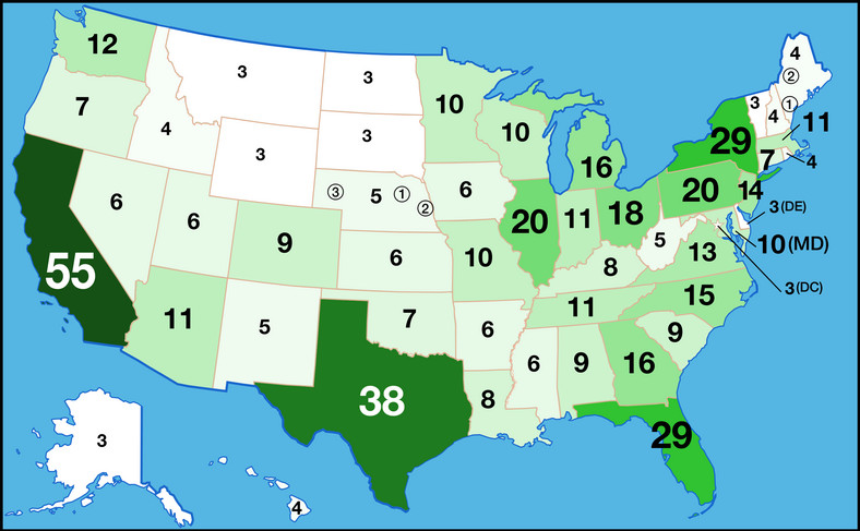 Liczba elektorów w każdym stanie USA