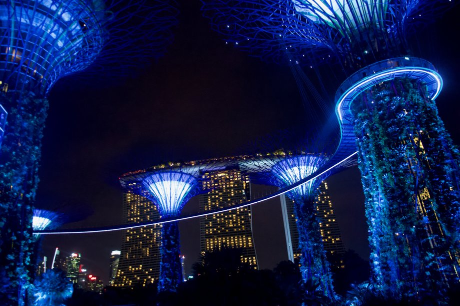 Widok na hotel Marina Bay Sands z Gardens by the Bay. Kompleks powstał na terenie "wydartym" morzu