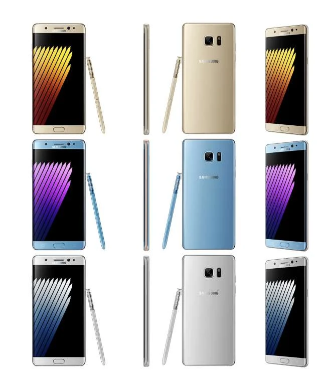 Samsung Galaxy Note 7 w trzech kolorach: srebrnym, niebieskim i złotym