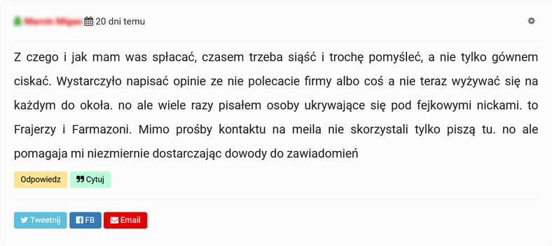 Zrzut ekranu z lokalnego forum, na którym poszkodowane osoby przestrzegają przed Marcinem M.