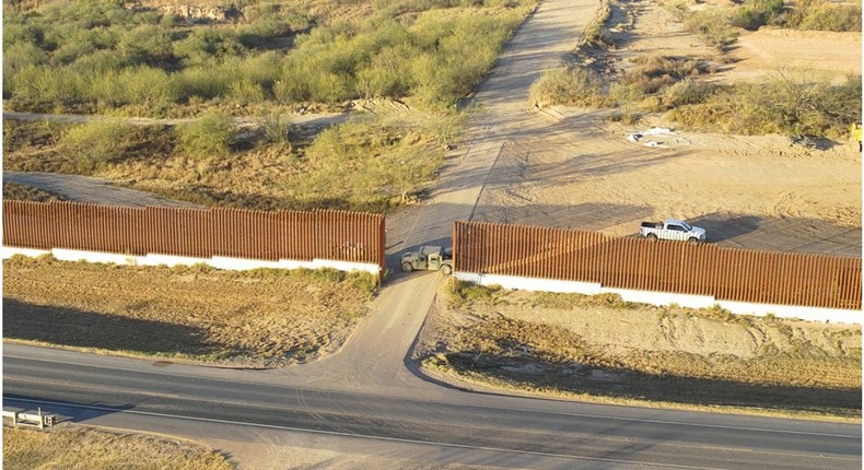 The federal government says this aerial photos taken on January 11, 2024 shows a Texas National Guard humvee that the Texas National Guard placed, blocking an access point in state-owned border barrier.US Supreme Court