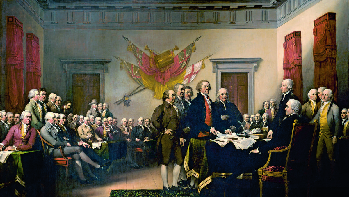 An 1819 depiction of the presentation of the Declaration of Indepence to Congress in 1776