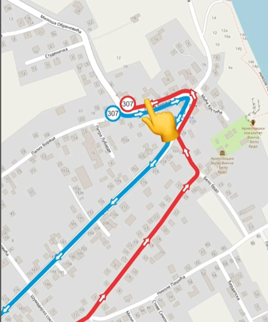 Mapa izmene linije javnog prevoza broj 307