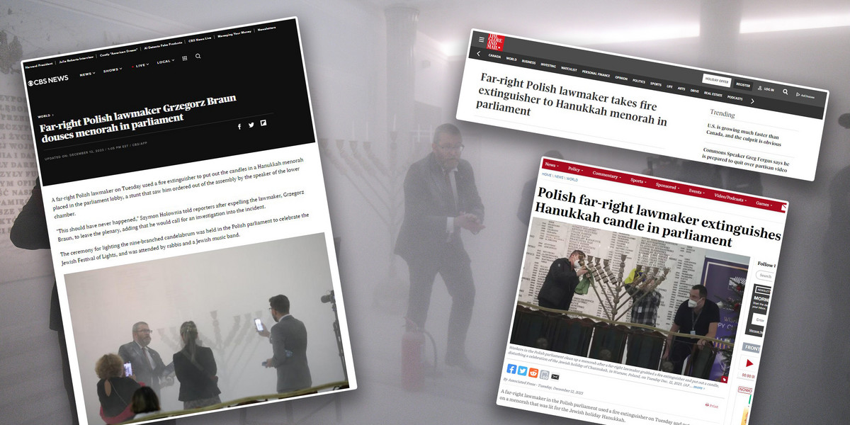 Szokujące sceny na sejmowym korytarzu. O incydencie z udziałem posła Konfederacji Grzegorza Brauna piszą nie tylko polskie, ale i zagraniczne media.