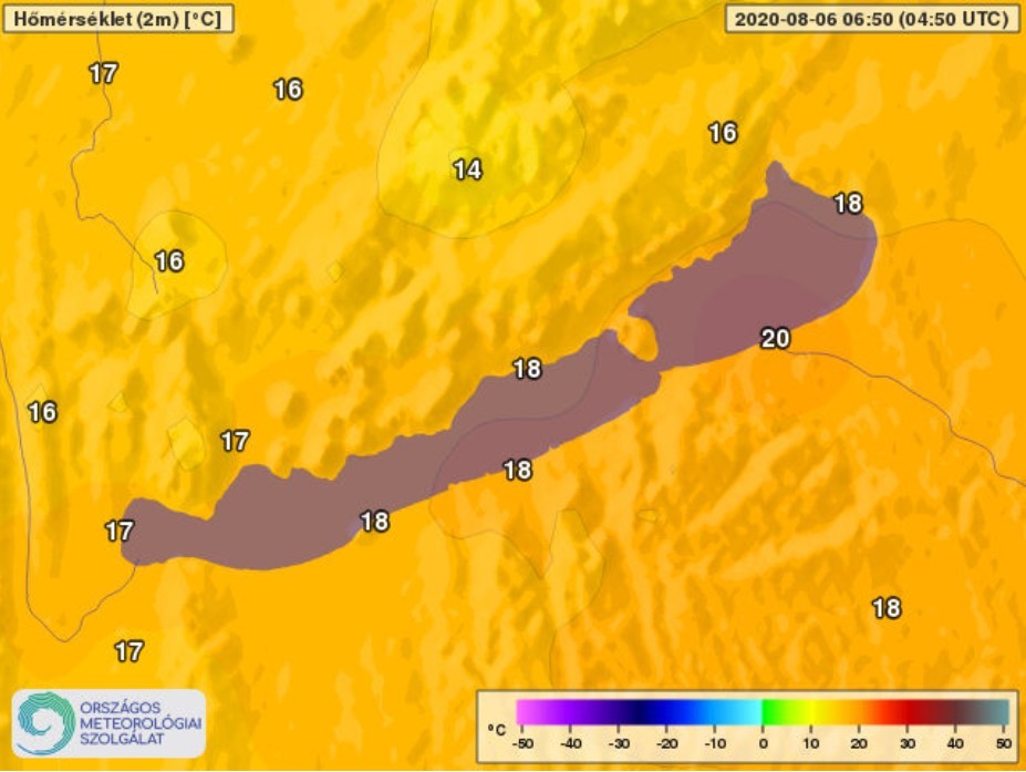 Várható hőmérséklet a Balaton térségében / Fotó: OMSZ