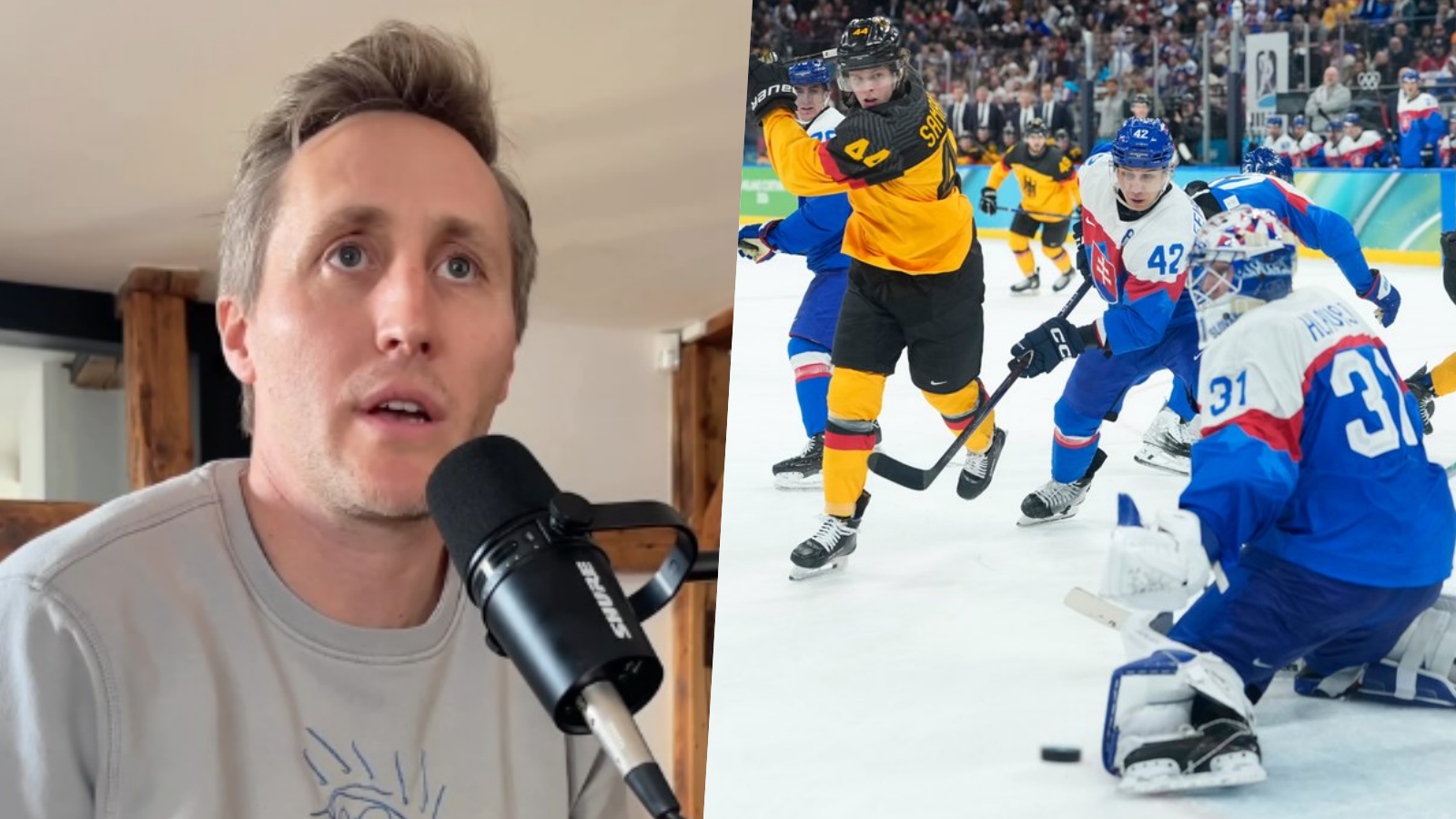 Moderátor Matej Sajfa Cifra a záber zo štvrťfinálového zápasu v ľadovom hokeji medzi Slovenskom a Nemeckom.