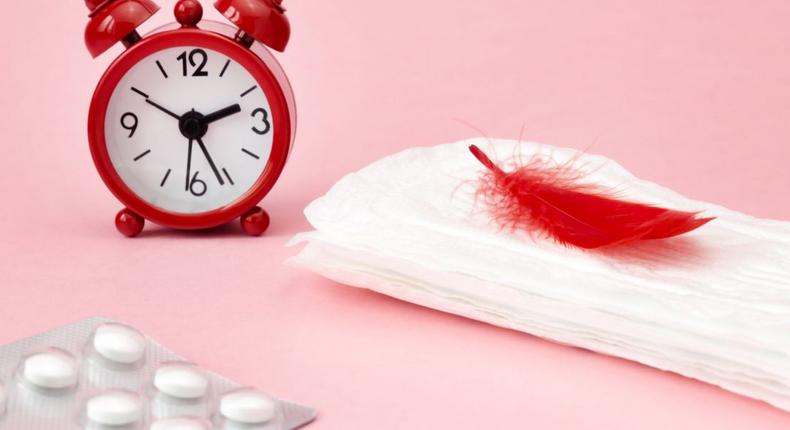 Menstrual pads, blood period calendar, clocks and pills (Credit- flo.health)