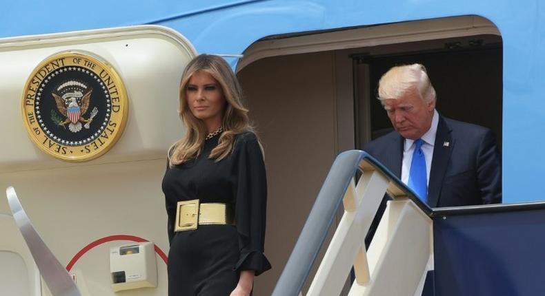 US President Donald Trump and First Lady Melania Trump step off Air Force One upon arrival at King Khalid International Airport in Riyadh on May 20, 2017