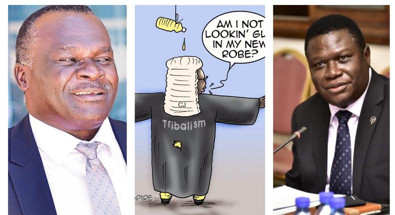 Minister Norbert Mao (R) says illustrations such as this of the Chief Justice (L) by cartoonist Jimmy Spire are degrading the Judiciary