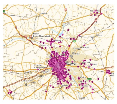 Mapa ze stacjami LTE w Warszawie i okolicach, z których mogą korzystać klienci Orange - źródło blog.orange.pl