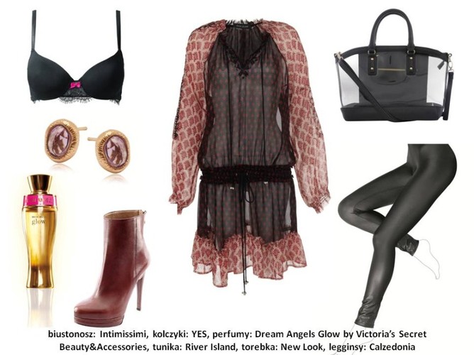 Stylizacja nr 4: Biustonosz Intimissimi: 134,90 PLN Kolczyki YES: 229 PLN Perfumy Dream Angels Glow by Victoria’s Secret: 279 PLN Tunika River Island: 229 PLN Torebka New Look: 119,90 PLN Legginsy Calzedonia: 89,90 PLN