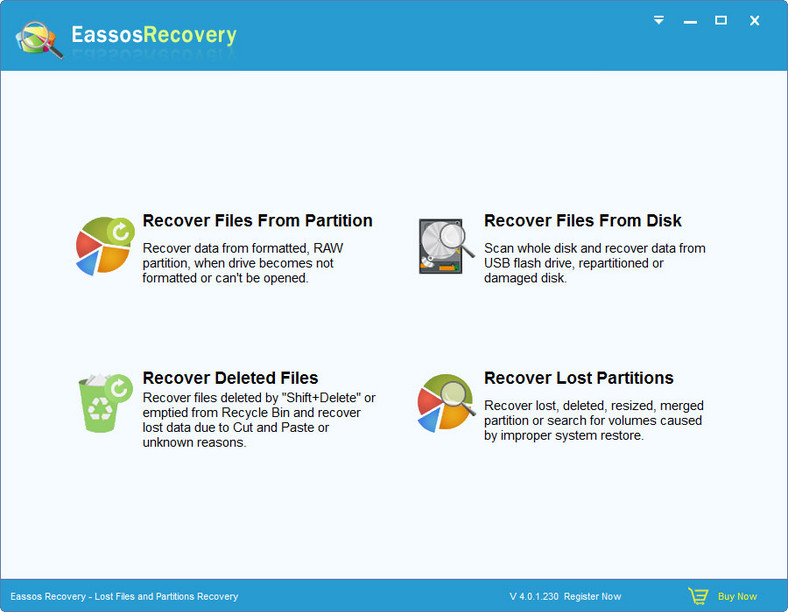 Główne okno programu do odzyskiwania danych z dysków twardych i zewnętrznych pamięci masowych - Eassos Recovery