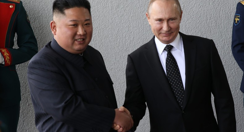 Russian President Vladimir Putin greets North Korean Leader Kim Jong-un before a meeting April 25, 2019 in Vladivostok, Russia.Mikhail Svetlov/Getty Images