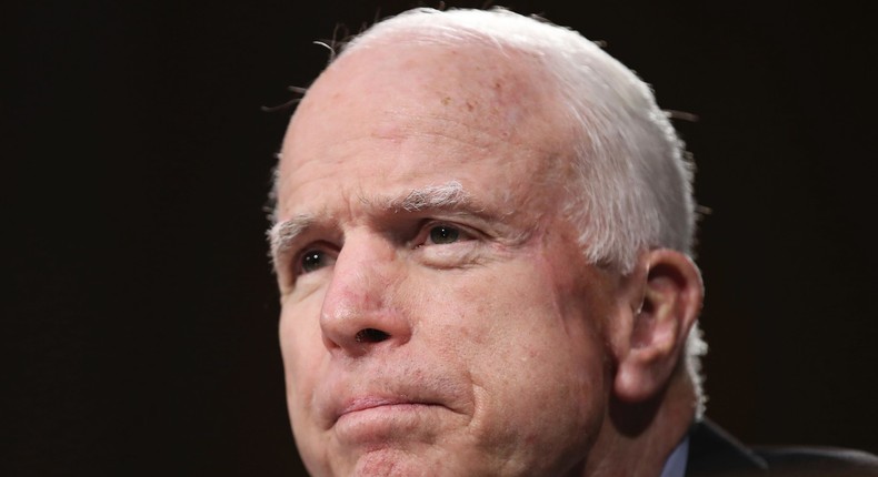 Sen. John McCain, R-Ariz. listens to CIA Director-designate Rep. Michael Pompeo, R-Kan. testifies on Capitol Hill in Washington, Thursday, Jan. 12, 2017, at his confirmation hearing before the Senate Intelligence Committee.