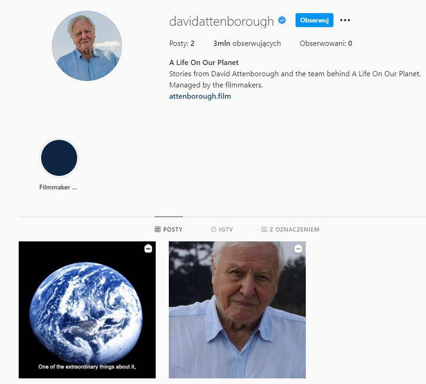 Sir David Attenborough na Instagramie