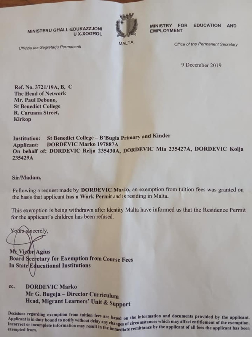 Primer odbijanja za ID sa FB grupe Roditelji na Malti