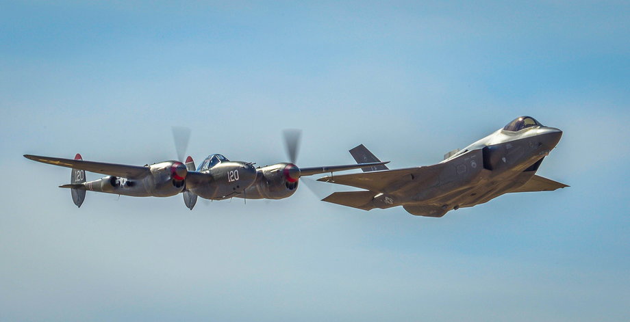 An F-38 Lightning and an F-35 Lightning II fly side-by-side for the first time at Davis-Monthan Air Force Base on March 4, 2016. The F-38 and the F-35 participated in Air Combat Command’s Heritage Flight Training Course, a program that features modern fighter/attack aircraft flying alongside Word War II, Korean War, and Vietnam War-ear aircraft.