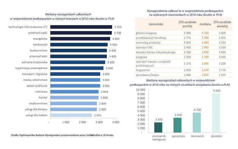 Podobnie jak w większości innych województw, najwyższe płace w Podkarpackim otrzymywali pracownicy branży IT, z tym, że ich przeciętne zarobki były niższe od poziomu mediany ogólnokrajowej. Środkowa wartość wynagrodzeń informatyków z Podkarpacia wyniosła 3,72 tys. zł, czyli o 180 zł poniżej poziomu ogólnopolskiej mediany wynagrodzeń.<br>
Na Podkarpaciu żeby zarabiać więcej niż wynosi przeciętna krajowa, to trzeba być przynajmniej kierownikiem, albo lepiej dyrektorem. Mediana zarobków osób na stanowiskach kierowniczych wynosiła w 2016 roku 4,7 tys. zł. Dyrektorzy zatrudnieni na terenie województwa podkarpackiego otrzymywali zarobki w wysokości 9,2 tys. zł. Natomiast mediana płac pracowników szeregowych wynosiła 2,4  tys. zł, co stanowiło 26 proc. płac dyrektorskich.<br>
Spośród wybranych stanowisk najwyższe zarobki otrzymywali główni księgowi, czyli osoby na stanowiskach kierowniczych. Mediana ich miesięcznych płac to 4,1 tys. zł.