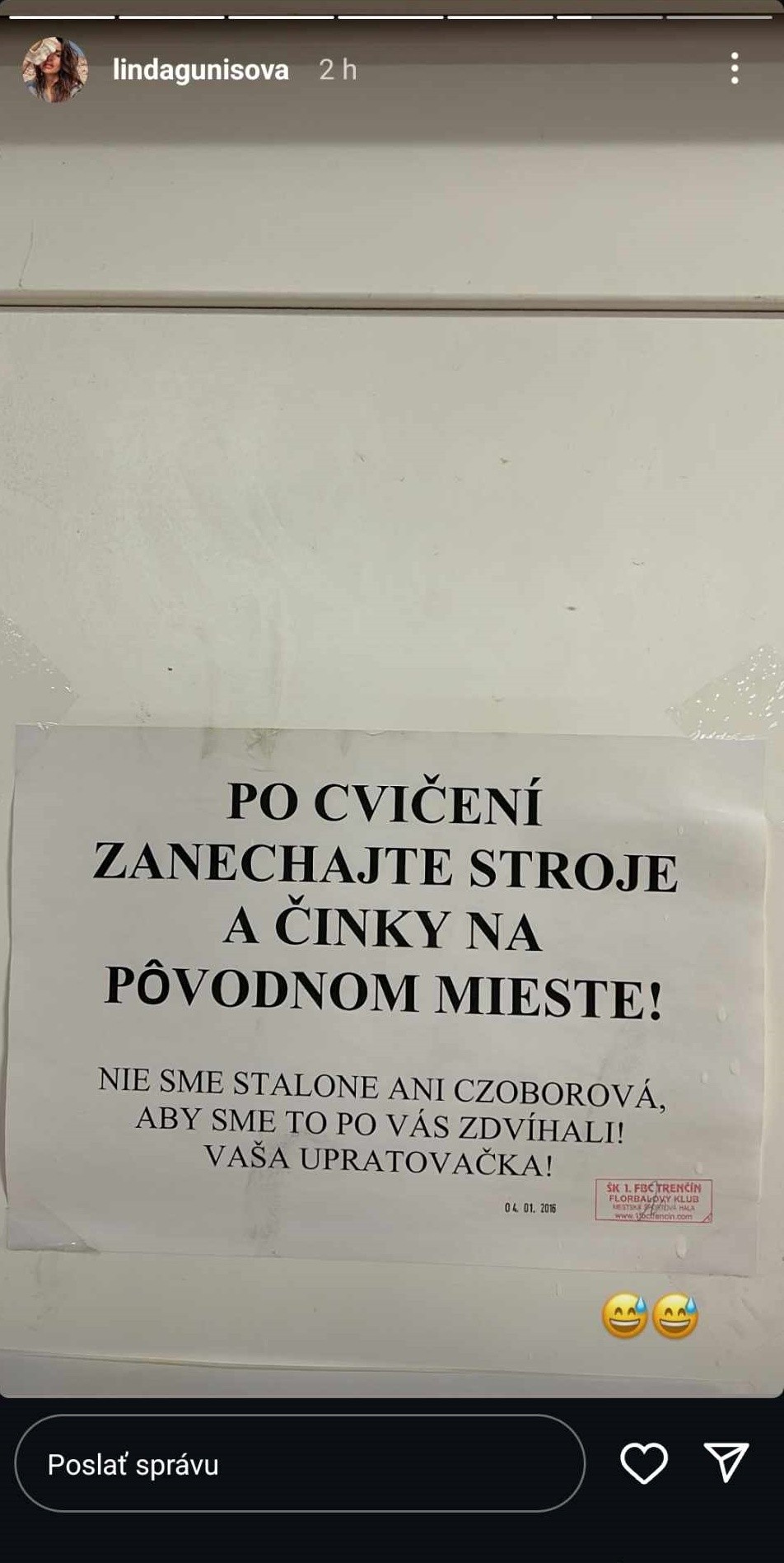 Maskérka Linda Gunišová na Let's Dance turné objavila vtipný oznam.