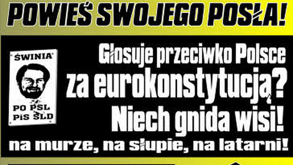 "Powieś swojego posła! Głosuje przeciwko Polsce, za eurokonstytucją? Niech gnida wisi na murze, na słupie, na latarni" - taki o to apel można przeczytać na stronie internetowej Narodowego Odrodzenia Polski.