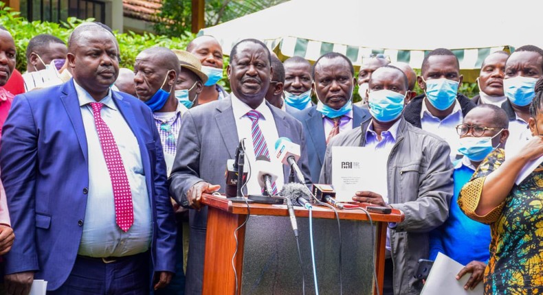 ODM party leader Raila Odinga following a meeting with party leaders in Nairobi