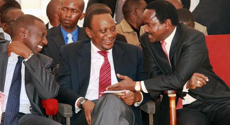 Nasa leader Kalonzo Musyoka (right), President Uhuru Kenyatta and Deputy President William Ruto at a past function in Kericho.