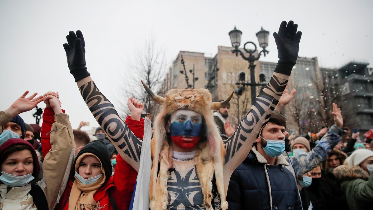 Rosjanie podczas marszu poparcia dla Aleksieja Nawalnego, Moskwa 23 stycznia 2021 r.