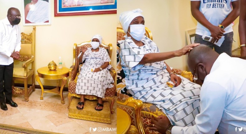 Bawumia kneels to receive a special blessing from Asantehemaa