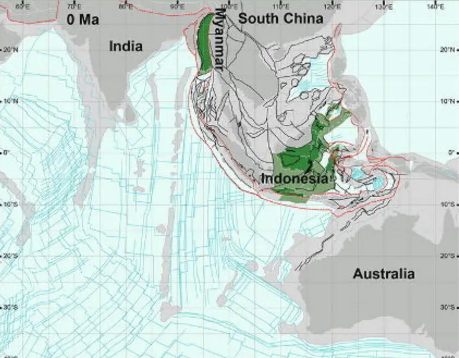 Mapa prezentująca położenie Argolandu w dzisiejszych czasach. Fragmenty Argolandu, zaznaczone na zielono, dryfowały głównie w kierunku wschodniej strony Indonezji, podczas gdy inne migrowały w kierunku Myanmaru