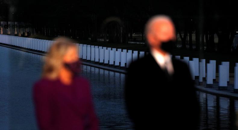 U.S. President-elect Joe Biden and his wife Jill Biden attend a coronavirus disease (COVID-19) memorial event at the Lincoln Memorial in Washington, U.S. January 19, 2021.