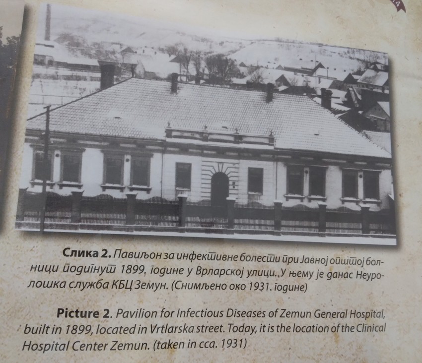 Paviljon za infektivne bolesti podignut 1899. godine u Vrtlarskoj ulici. U njemu je danas Neurološka služba KBC Zemun. Snimljeno oko 1931. godine.