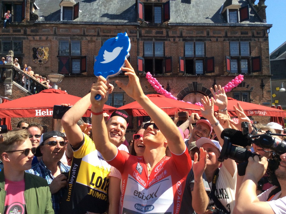 German sprint king Marcel Kittel took selfies with fans before the start of stage 3.