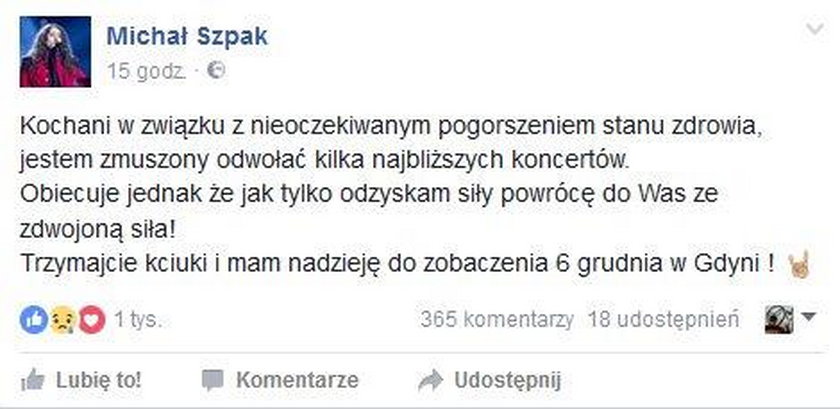Michał Szpak odwołuje koncerty!