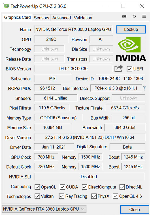 MSI GS66 Stealth (10UH) – GPU-Z – specyfikacja GeForce RTX 3080 Laptop GPU