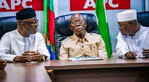 APC national chairman, Adams Oshiomhole, flanked by party executives (Guardian)