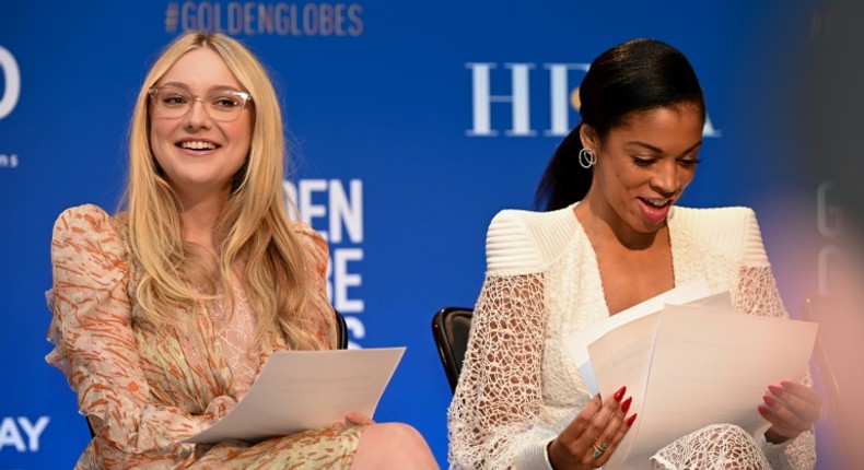 Actress Dakota Fanning (L) and Susan Kelechi Watson attend the 77th Annual Golden Globe Awards nominations announcement at the Beverly Hilton hotel in Beverly Hills on December 9, 2019