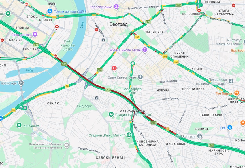 Gužva na moto-putu kroz Beograd od Dušanovca do Gazele