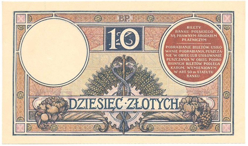 Banknot o nominale 10 złotych z wizerunkiem Tadeusza Kościuszki.