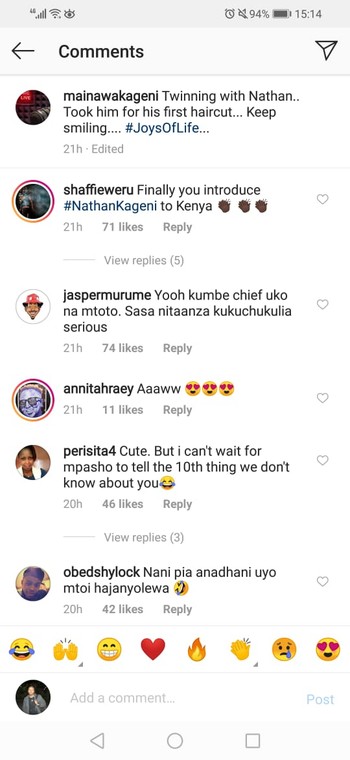 Comments shared on Maina's post with Nathan Kageni, including Shaffie Weru's remark (Instagram) 