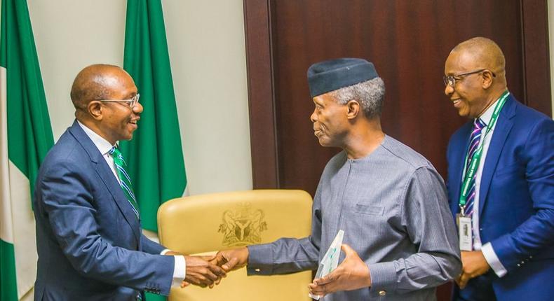 Nigeria's vice president, Yemi Osinbajo during the the signing ceremony for the sale of the Federal Government's 12.4 billion Shares in Nigerian Security, Printing and Minting (NSPM) Plc to the Central bank of Nigeria, at the State House, Abuja. September 18, 2018.