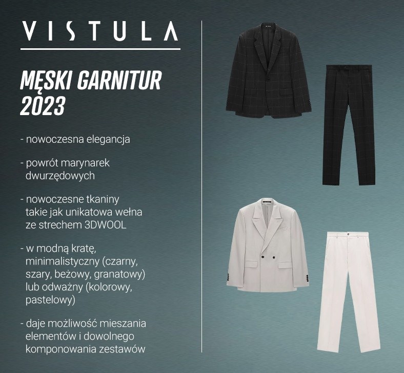 Męski garnitur Vistula 2023 - infografika