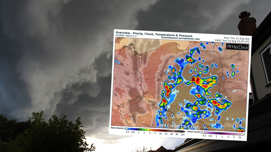 Długi weekend upłynie nam pod znakiem wysokiej temperatury i lokalnych burz (mapa: wxcharts.com)