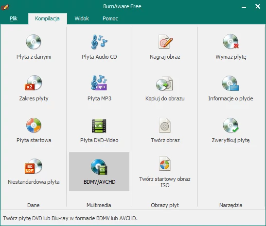 Główne okno programu BurnAware Free